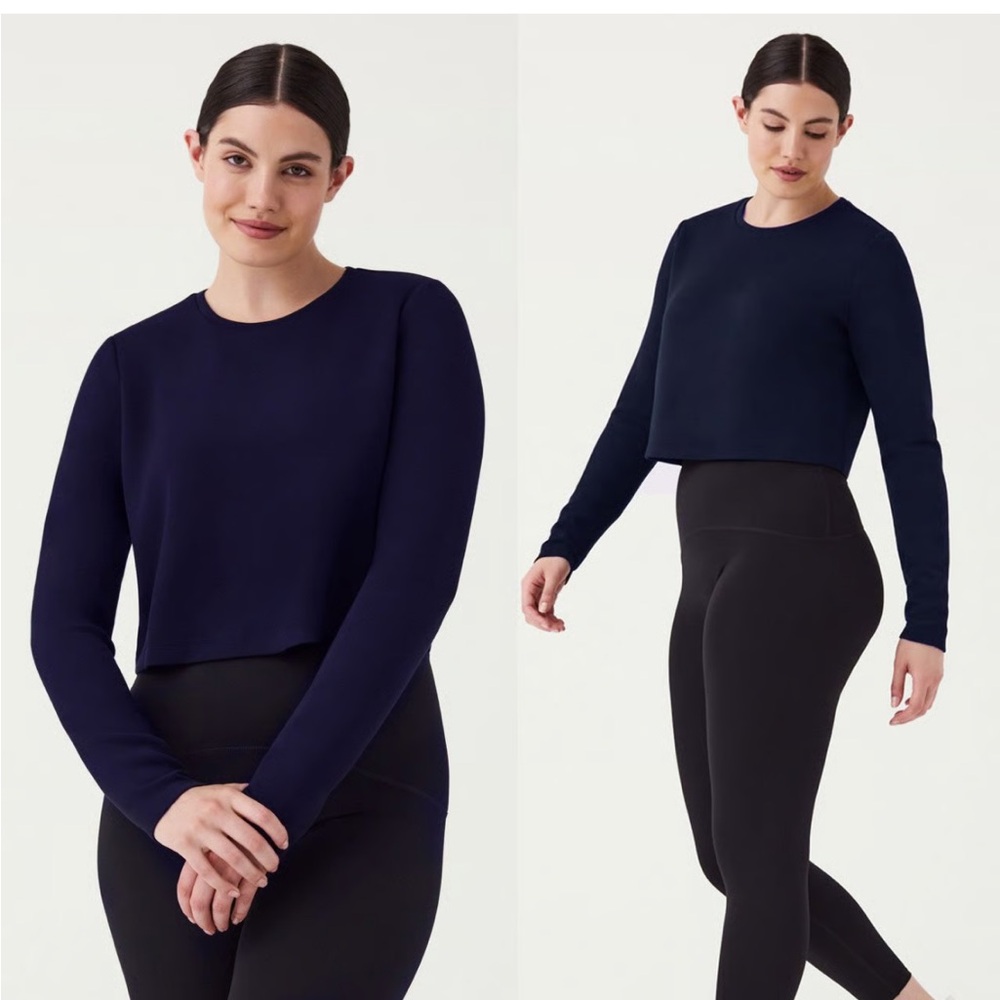 SPANX Navy Cropped Crew Neck Sweater